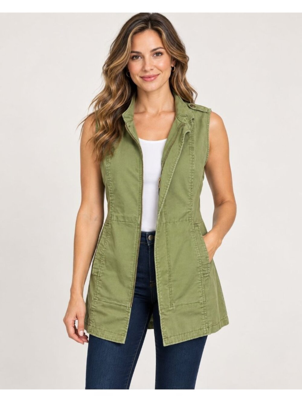 Cabi Womens Explorer Utility Vest Army Green Zip Front #5101 Size S